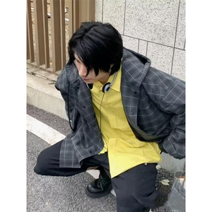 日系复古连帽夹克男女款秋季新款暗纹抗皱大格子宽松百搭潮流外套图片