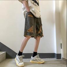 水洗复古刮烂破洞毛边牛仔短裤男士夏季痞帅炸街休闲五分乞丐裤子，男装牛仔裤，星座506A