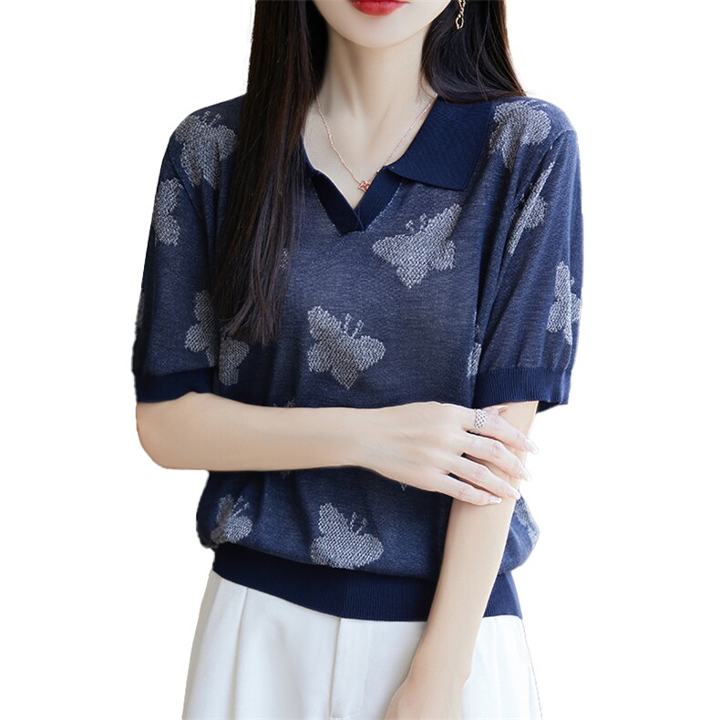 高级感莱赛尔针织POLO领提花短袖T恤女2025夏薄透气减龄小衫上衣,针织衫/毛衣,唐诺