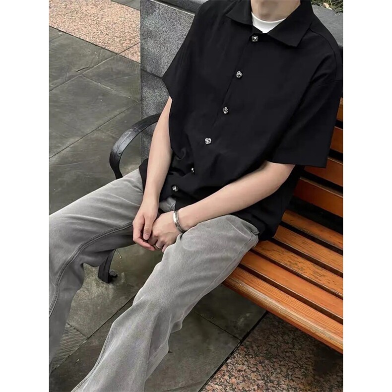 得物抖音品质二开老钱风亚麻冰丝纹短袖衬衫男女休闲美式潮牌衬衣,男装T恤,电商A486