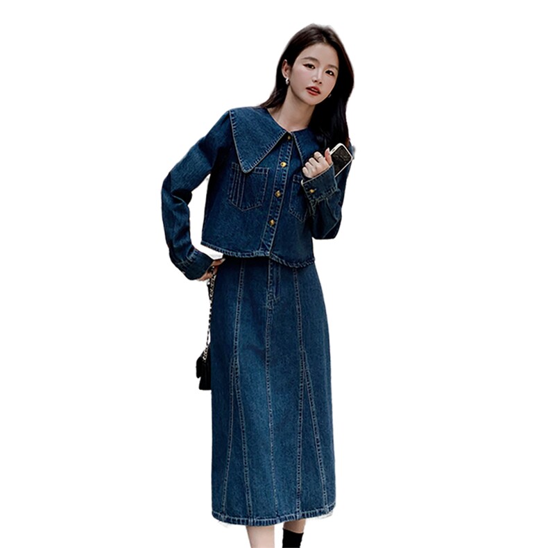 现货：秋装新款时尚百搭大翻领牛仔两件套装裙2C135-2376P170K248,女装套装/套裙,2C135