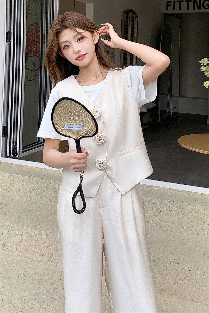 2025夏欧货V领显瘦立体花马甲阔腿裤两件套P165K255,女装套装/套裙,1D066-1
