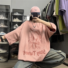 深灰色皮卡丘T恤男夏季麂皮绒重磅短袖美式高街oversize半袖体恤，男装T恤，电商C413