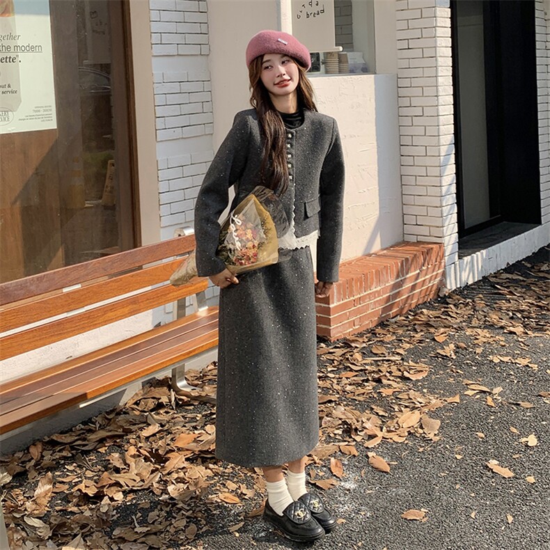 灰色小香风毛呢套装裙女2025秋季新款高级感名媛气质半身裙两件套图片