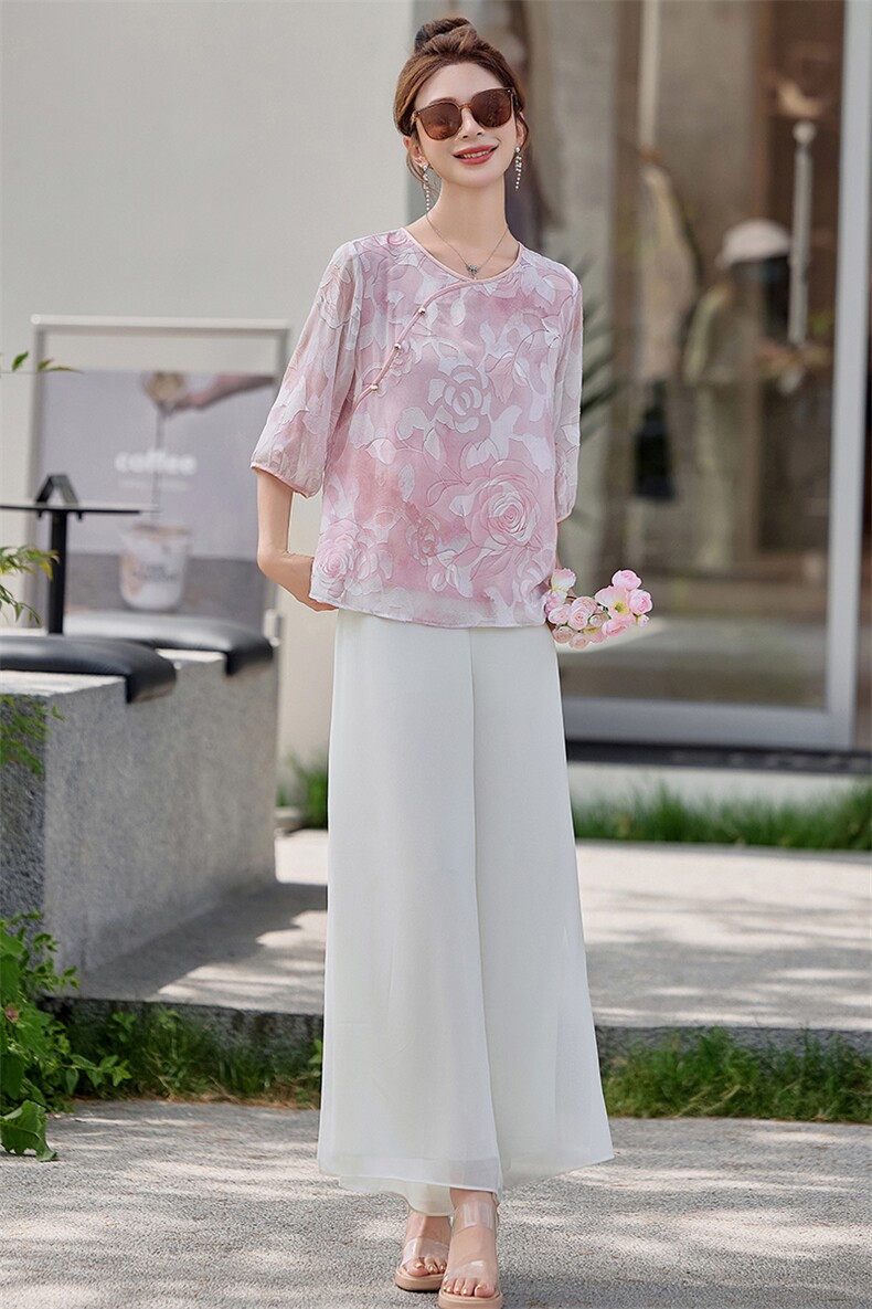 小衫女薄款2025夏新款宽松休闲女款新中式上衣雪纺阔腿裤,女装运动套装,妃曼