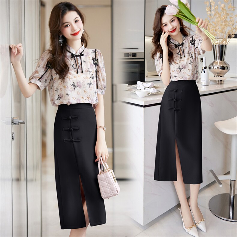 新中式国风套装女春季2024新款提花复古盘扣气质职业半身裙两件套，女装套装/套裙，卡杰菲