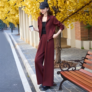 红休闲运动套装女2024秋新款气质修身开衫外套阔腿裤两件套图片