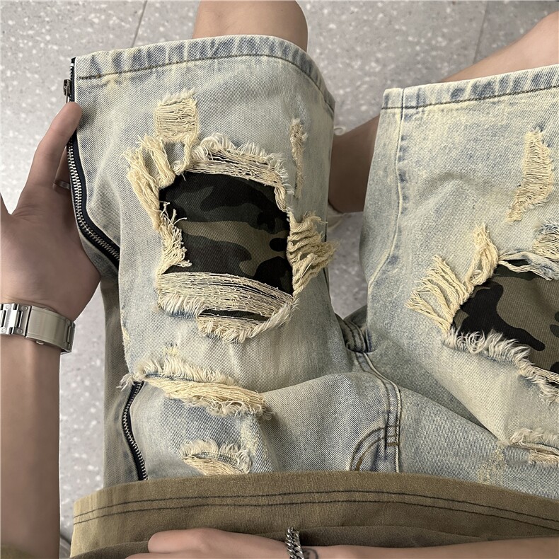 23新款高街破洞迷彩水洗牛仔裤拉链开衩短裤B315-K23244-p60控78,男装牛仔裤,电商B315