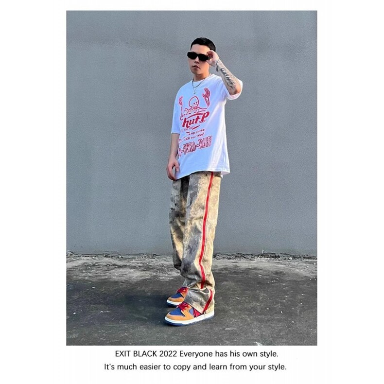 潮美式街头迷彩牛仔裤男ins潮宽松直筒hiphop拉链开叉休闲长裤,男装牛仔裤,四季星座505