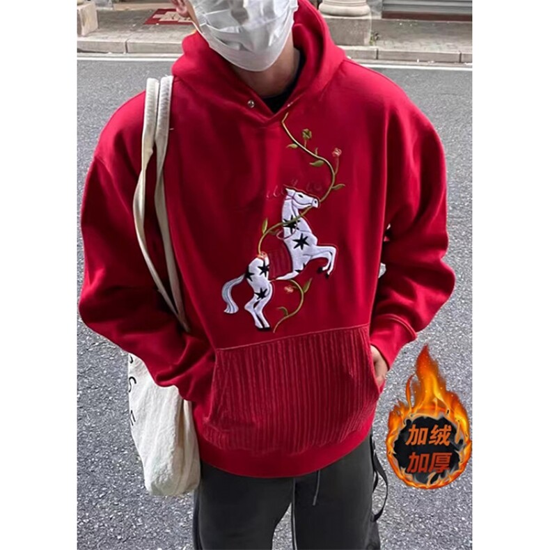 加绒加厚纯棉面料马年衣服红色刺绣连帽卫衣 WV1021图片
