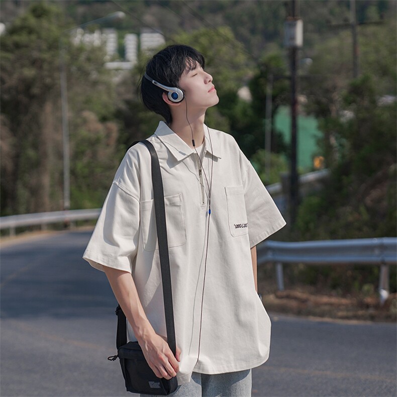 B225-T9211-P58-X75-拉链Polo-全棉-双口袋 日系半拉链男夏季潮流图片