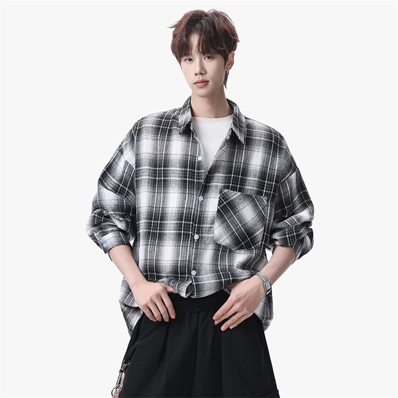 衬衫男春季新款港风宽松磨毛大码格子长袖衬衣CS606-特P28，男装衬衫，星座214-3