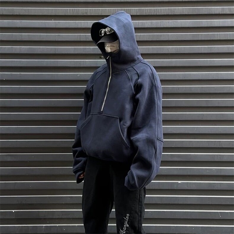 抖音得物二开美式重磅宽松结构拉链设计防风高领连帽卫衣外套W76,男装卫衣,电商A486-1