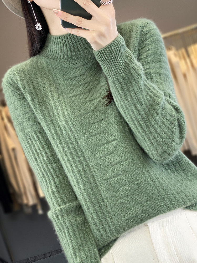 加厚半高领羊毛衫女秋冬新款针织衫宽松时尚提花羊绒衫毛衣打底,针织衫/毛衣,暖绒情旗舰店