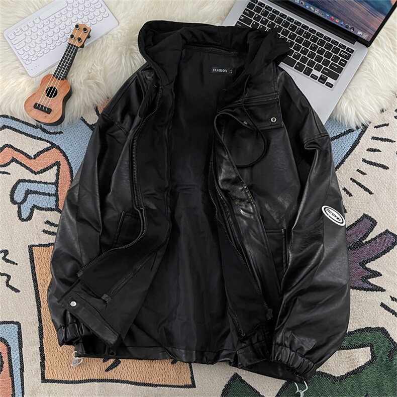 高品质秋冬款男连帽皮夹克假两件贴标皮衣休闲外套J81P90,男装夹克,星座1013-1