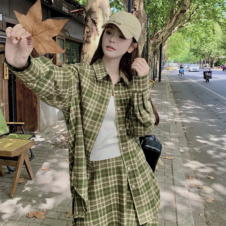 高级感穿搭复古英伦风绿色格子衬衫套装女初春秋好看半身裙两件套，女装套装/套裙，浙宝276（原081）