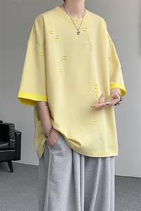 T10137-特批33  控68 开口笑高品质夏季大码短袖破洞潮流百搭T恤图片