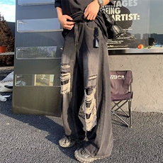 美式牛仔裤男潮牌夏季设计感阔腿裤子微喇宽松高街直筒长裤，男装牛仔裤，星座716-2