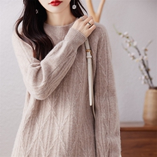 秋冬新款女士中长款毛衣纯色羊毛上衣宽松圆领针织打底小衫，女装羊毛衫，哲奥羊绒