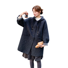 拼接格纹连帽双面呢羊毛大衣2025新款女冬超好看中长款毛呢厚外套，女装毛呢外套，1C151