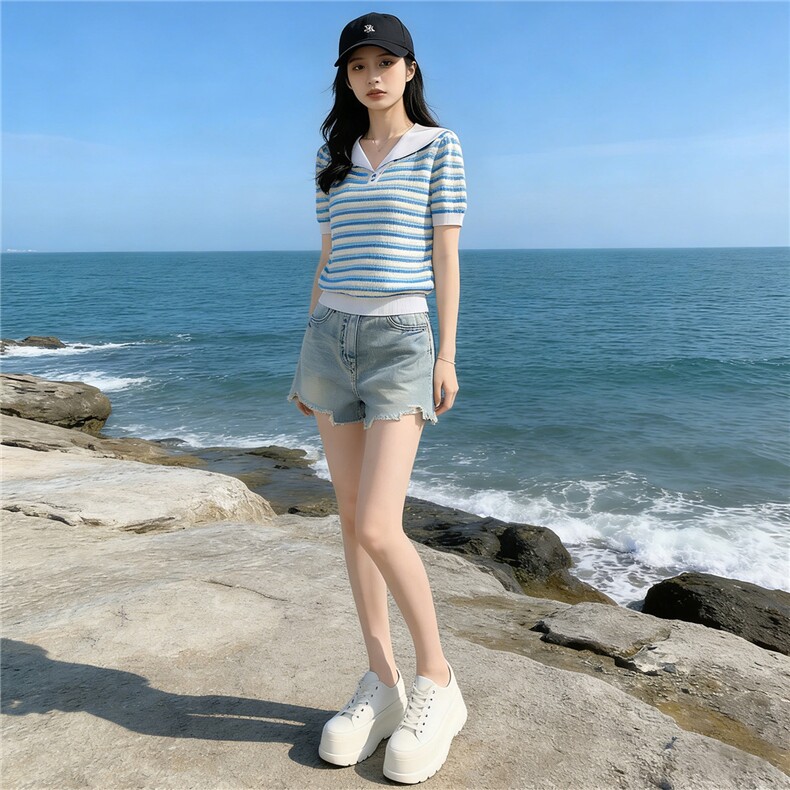 时尚简约套装女夏季新款洋气减龄蓝色翻领条纹上衣牛仔短裤两件套,女装套装/套裙,江南