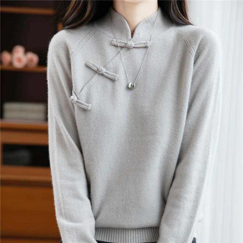 新中式国风盘扣100%纯羊毛衫女秋冬新款复古旗袍领针织打底衫毛衣，女装羊毛衫，绒汀羊绒