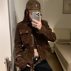 网络图现货美式原创设计高级感咖啡色麂皮美拉德外套JHT270-P90，女装短外套，星座715-7