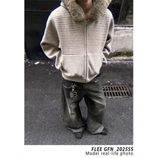 复古美式撞色条纹毛领连帽拉链卫衣男女2025年秋冬季开衫外穿上衣，男装卫衣，四季星座505