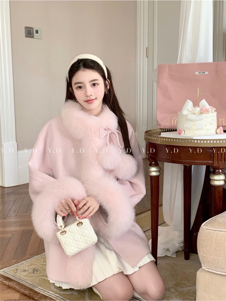 【依嘟】小个子甜美皮草中长款狐狸毛球2025新款羊毛外套(配,女装双面呢大衣,依嘟服饰