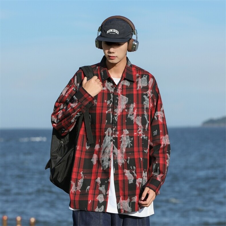 25年春季格子衬衫长袖大码宽松落肩现货DS-C323-1-2370-特批35，男装衬衫，电商C323-1