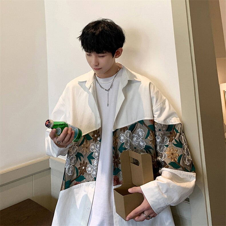 港风长袖衬衣男情侣大码M-5XL中性风刺绣潮长袖衬衫男CS9743P50，男装衬衫，星座227-7