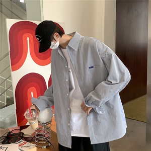 22春秋季条纹衬衫男长袖宽松韩版衬衣日系港风外套CS717P45图片