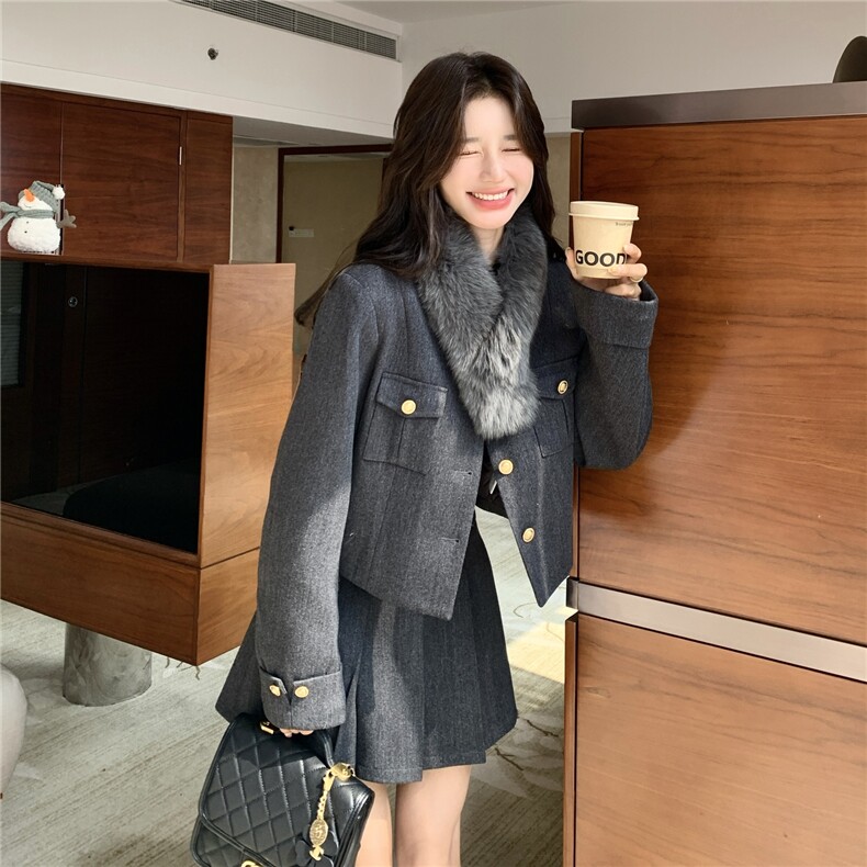 法式轻奢套装女冬季气质减龄小香风羽绒内胆加厚外套百褶裙两件套,女装套装/套裙,维壹