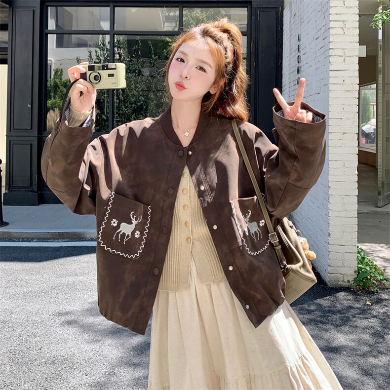 美拉德咖色棒球服短外套女春秋超火好看高级小众酷飒麂皮夹克上衣,女装短外套,2C299
