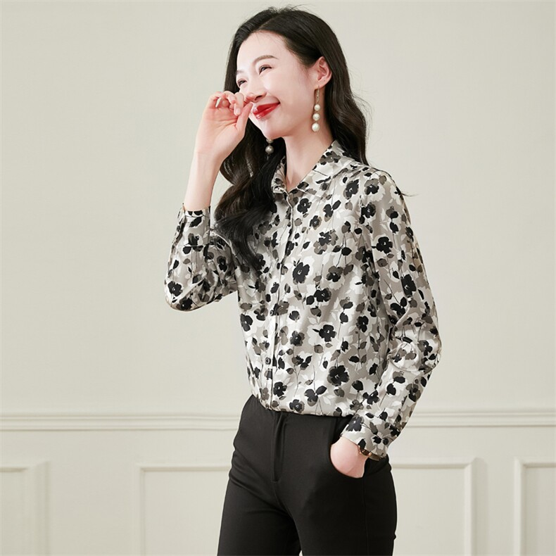 专柜品牌清仓印花雪纺衫女polo领长袖衬衫女春季上衣,女装衬衫,阿舍尔精品