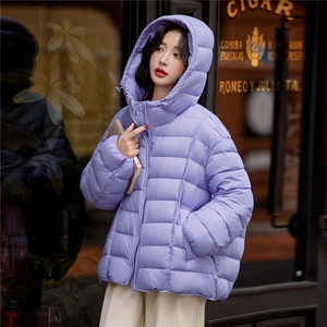 现货紫色排骨款泡芙羽绒服女宽松休闲连帽厚款冬季外套图片