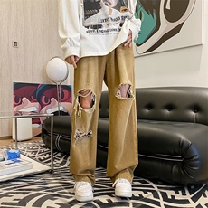 2024春季破洞潮流阔腿裤子新款美式宽松直筒牛仔裤K5751-P46，男装牛仔裤，星座512-2