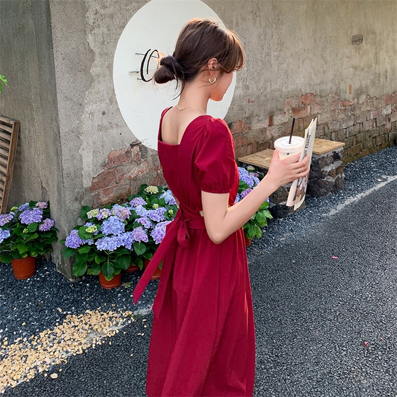 泡泡袖红色连衣裙女夏季2024新款法式高级感减龄显瘦高腰a字长裙,女装连衣裙,2C037