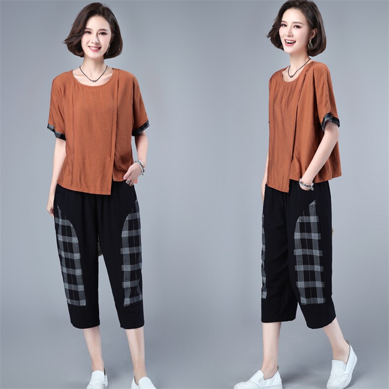 2032T夏装2021年新款时尚两件套装女袖口拼接条纹口袋T恤女,女装套装/套裙,涵誉
