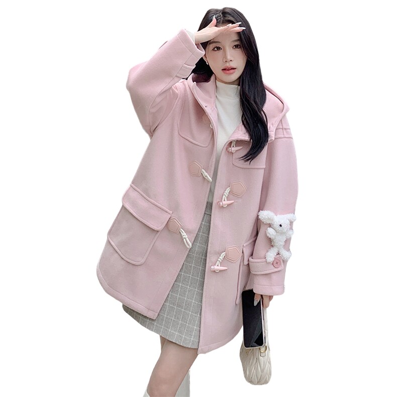 雪景甜美粉色牛角扣毛呢连帽外套（可拆卸玩偶）,女装毛呢外套,天使之佳话