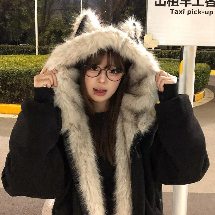 黑色毛领棉服厚外套女2025冬装新款超好看复古座山雕夹棉衣图片