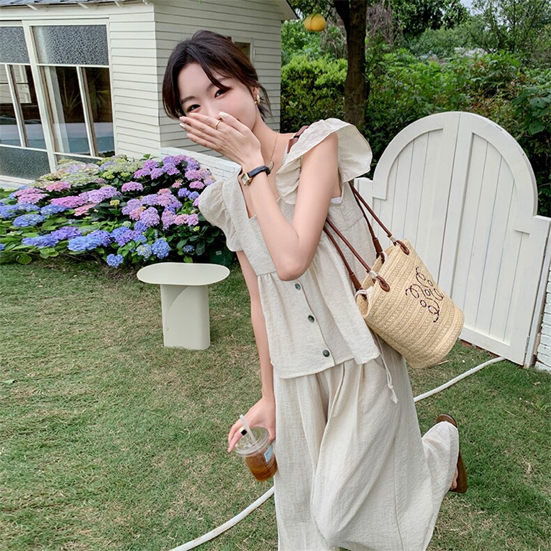 小香风飞袖套装裤女夏2024新款甜美奶乖松弛感穿搭阔腿长裤两件套,女装套装/套裙,维壹
