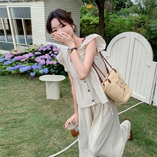 小香风飞袖套装裤女夏2024新款甜美奶乖松弛感穿搭阔腿长裤两件套，女装套装/套裙，维壹
