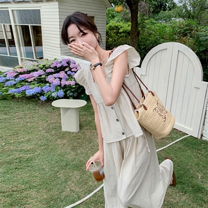 小香风飞袖套装裤女夏2024新款甜美奶乖松弛感穿搭阔腿长裤两件套图片