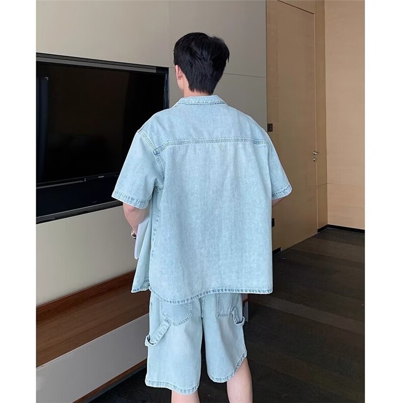 2025美式潮牌牛仔衬衫水洗休闲衬衣外套牛仔裤五分裤搭配一套,男装牛仔裤,星座506A
