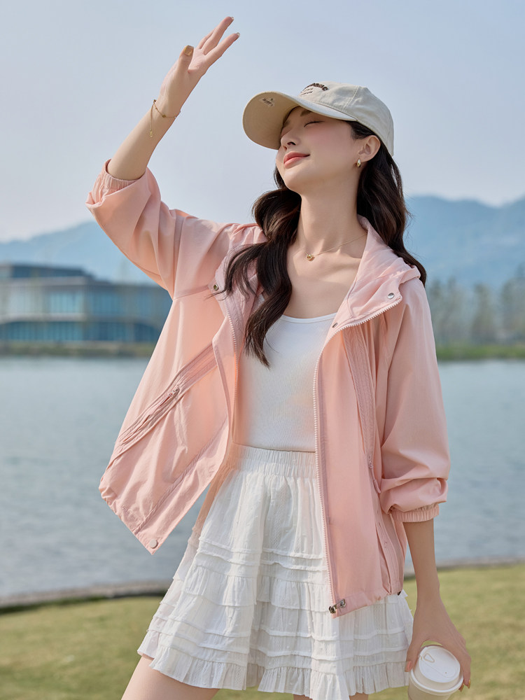 粉色时尚连帽防晒衣女2025夏季新款休闲百搭透气轻薄款防晒服外套,女装防晒衣,悦祺