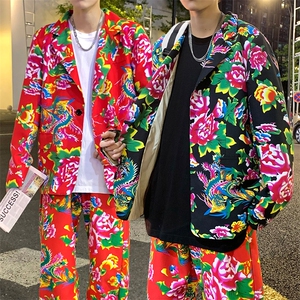 XF01男秋港风文艺休闲大码西服套装西装东北大花民族风特色新中式图片