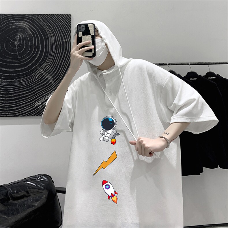 LD54165-P45 连帽短袖t恤男大码胖子带帽五分袖中袖 大皂风图片