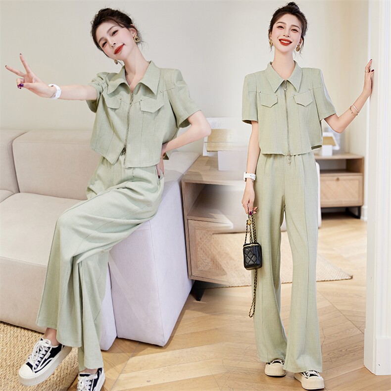 夏季时尚休闲套装女2023新款高级感气质减龄短袖衬衫阔腿裤两件套,女装套装/套裙,艾仟回(原伊仟回)