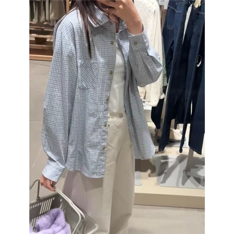 小蓝格浅春系全棉格子衬衫清新复古宽松休闲衬衣外套春夏,男装衬衫,星座506A